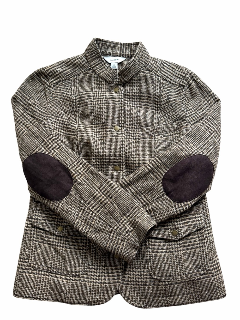 L.L. Bean Womens Wool Blend Plaid Tweed Blazer Jacket Small Brown Elbow Patch